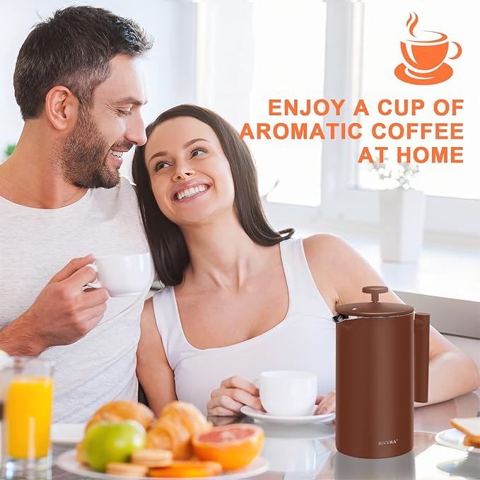 Secura French Press Coffee Maker, 304 Grade Stainless Steel Insulated Coffee Press with 2 Extra Screens, 34oz (1 Litre), Coffee