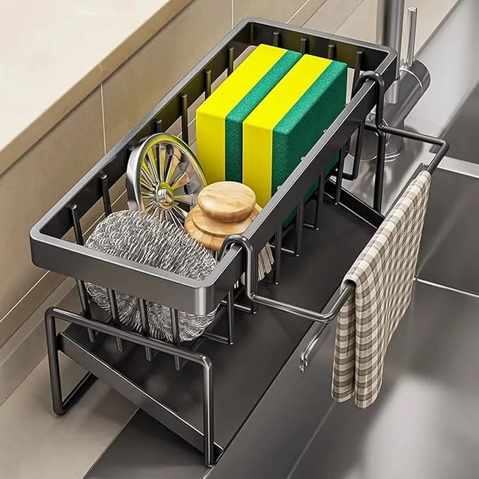 Sponge Holder for Kitchen Sink, Sink Caddy with Dishcloth Rack, Kitchen Sink Storage Rack Organizer Countertop Rustproof, Soap Dispenser Organizers and Storage Essentials