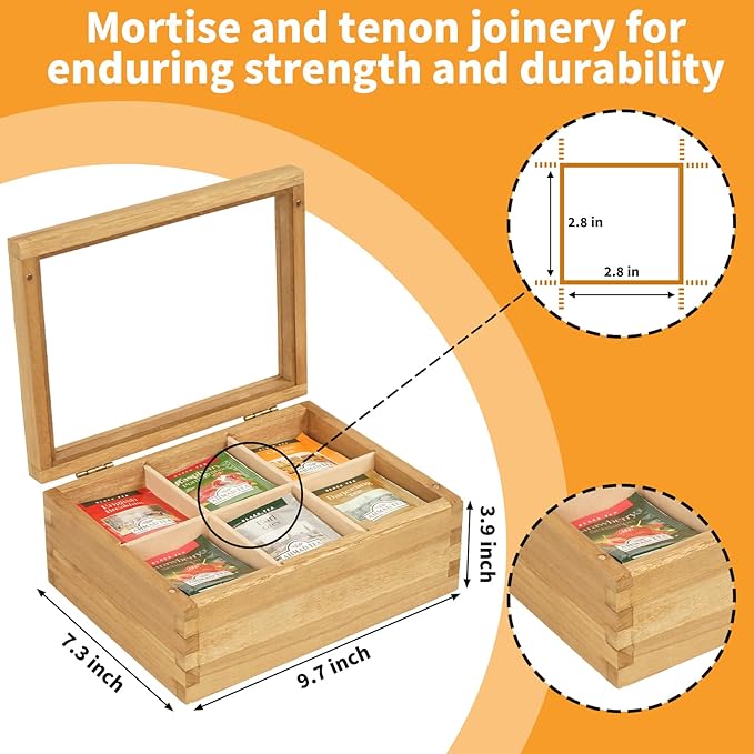 Wood Tea Bag Organizer, 6 Compartment Multi-Functional Tea Box and Storage Organizer for Tea Bags, Tea Container for Tea Lovers