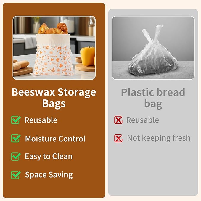 Reusable Bread Bags for Homemade Loaves, 2 Pack Cotton Beeswax Bread Bags, Extra Large Sourdough Bag, Beeswax Storage Bag to Keep Fresh