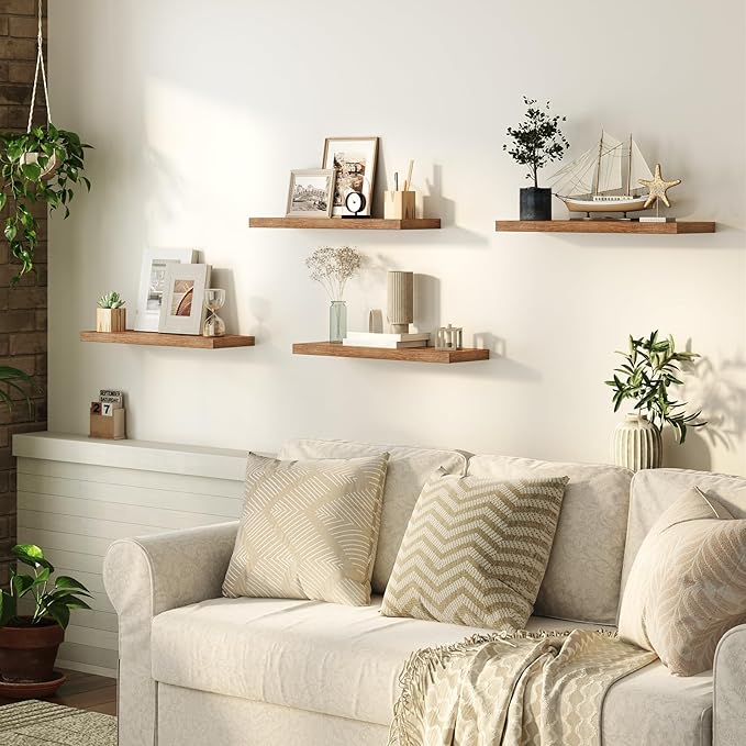 HOOBRO Floating Shelves for Wall, Wall Mounted Shelf Set of 2, 23.6" Hanging Shelf with Invisible Brackets, for Wall in Bathroom, Bedroom, Toilet, Kitchen, Living Room, Office, Rustic Brown BF60BJ01