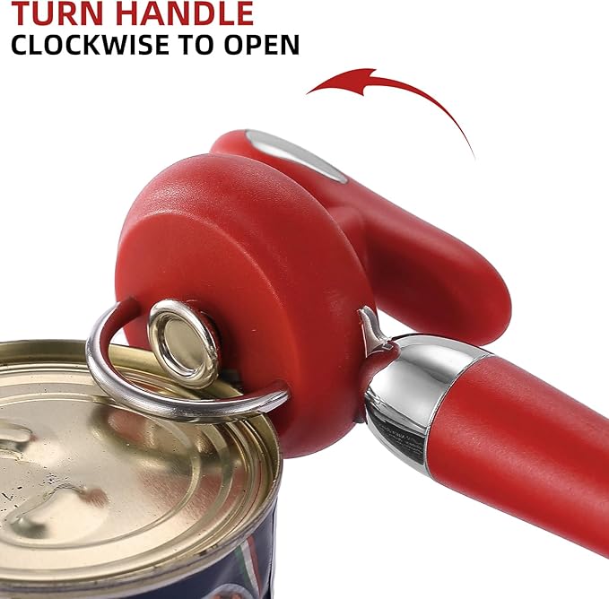 Can Opener Manual Tin Opener Stainless Steel Heavy Duty, Oversized Hand-held Easy Rotary Knob, Safe Cut Manual Can Opener with Non-Slip Handle, Smoother Cut Sharp Blade for Seniors Kitchen Tool, Red