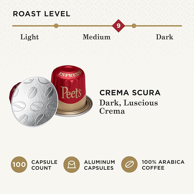 Peet's Coffee, Medium Roast Espresso Capsules, Compatible with Nespresso Original Machine - Crema Scura Intensity 9, 100 Count (10 Boxes of 10 Espresso Capsules)