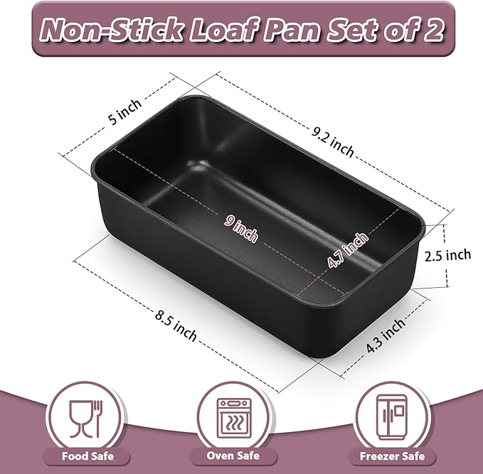 P&P CHEF Loaf Pan Set, 9 x 5 Inch Bread Pans, Stainless Steel Loaf Toast Baking Pans For Bread Meatloaf Lasagna Cake, Healthy & Non Toxic, Oven & Dishwasher Safe,(Black, 2Pcs)