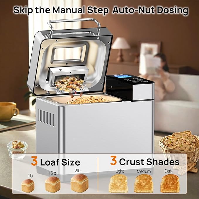 KBS Pro Stainless Steel Bread Machine, 2LB 17-in-1 Programmable XL Bread Maker with Fruit Nut Dispenser, Nonstick Ceramic Pan& Digital Touch Panel, 3 Loaf Sizes 3 Crust Colors, Reserve& Keep Warm Set