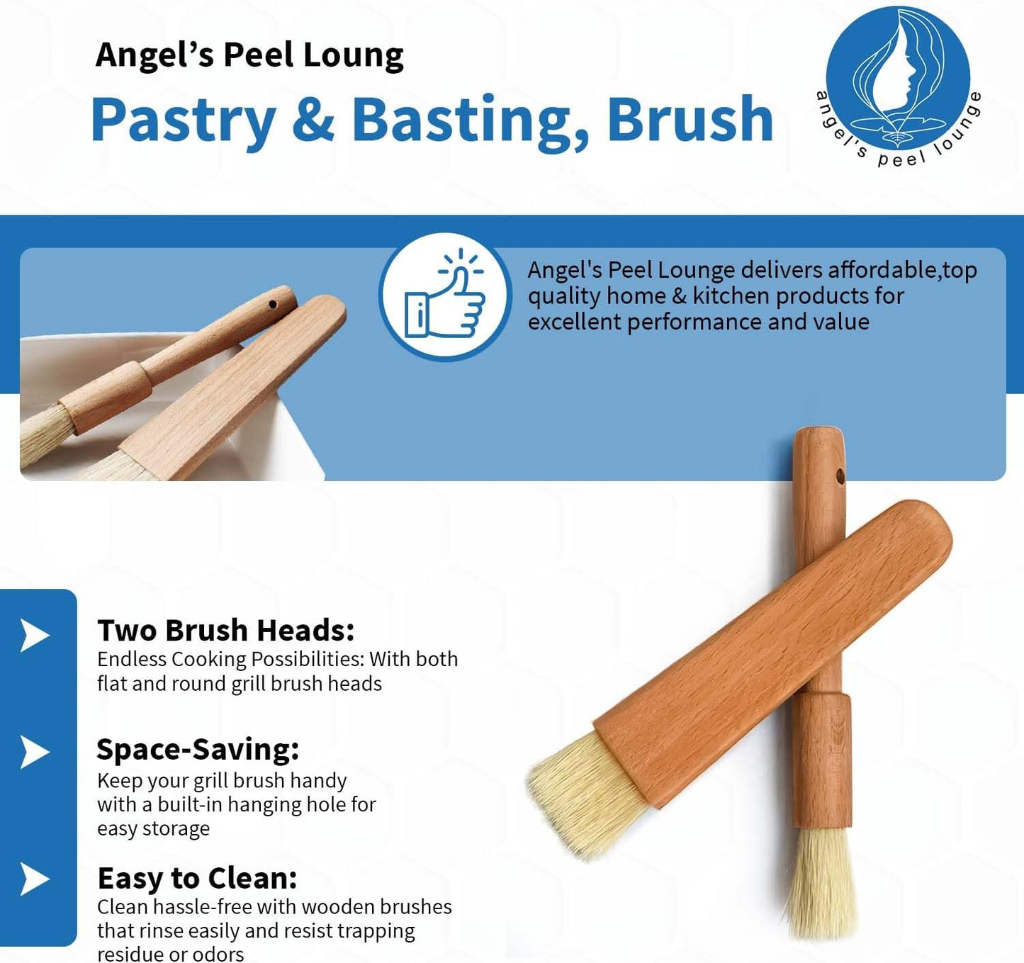 ANGEL’S PEEL LOUNGE Pastry Brush for Baking - Basting Brush with Wooden Handle Flat and Round Heads - Food Brushes for Cooking - Best for BBQ, Egg, Butter, Oil and Sauce – 2 PCS
