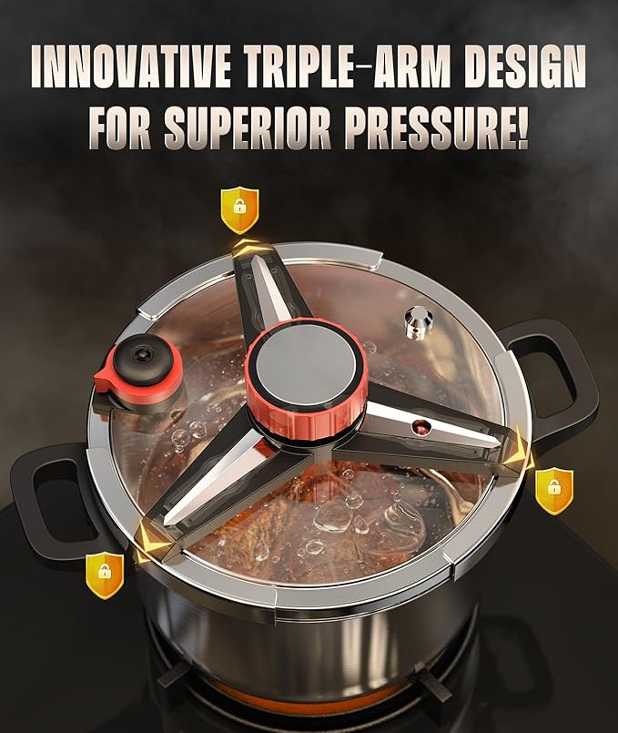 Pressure Cooker 4 QT, [Save 70% Cooking Time] Stainless Steel Pressure Canner with Triple-Layer Steel Body [One Hand Operation] Rotating Lock/Unlocking Lid System Steam Rack Included Olla De Presion