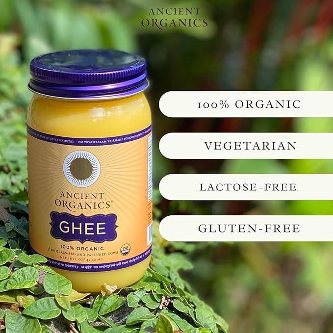 Ancient Organics Ghee, Organic Grass Fed Gluten Free Clarified Ghee Butter with Vitamins & Omegas, Lactose Free, 100% Certified Organic, Kosher, USDA Certified, Made in USA - 16 Fl Oz (Pack of 3)
