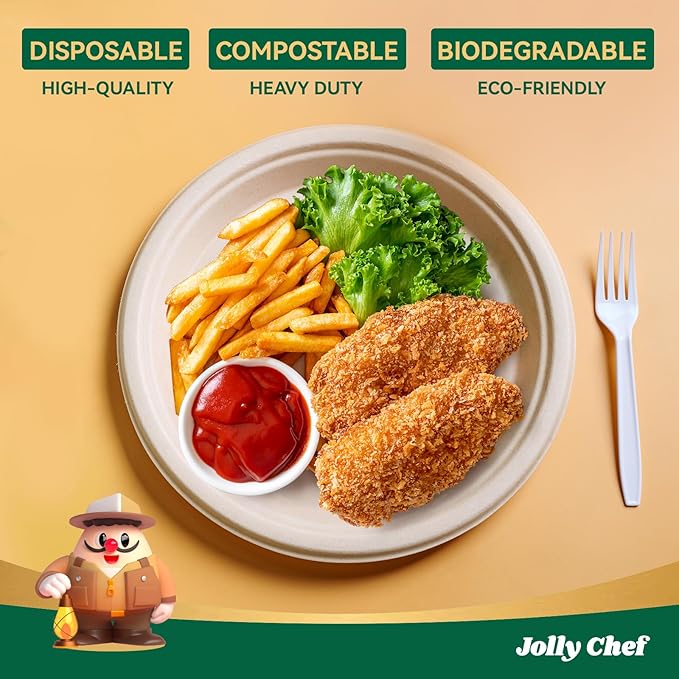 JOLLY CHEF Compostable Heavy Duty Plates 𝟭𝟬 𝗜𝗻𝗰𝗵 [𝟯𝟬𝟬 𝗣𝗮𝗰𝗸] Eco-Friendly Disposable Paper Plates Made of Bagasse Biodegradable Bulk for Party Dinner Sugarcane Fibers Round (Natural)