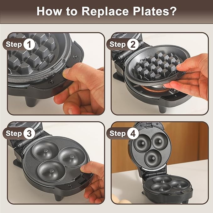 Mini Waffles Maker with 6 Removable Plates, 3 in 1 Small Waffle Maker Mini- Waffle, Heart Waffle, Donut, 4.5" Non Stick Waffle Iron for Kids and Families, Black