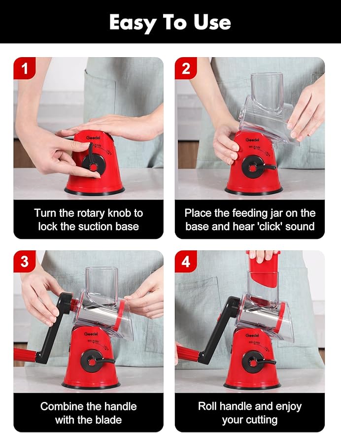 Geedel Rotary Cheese Grater Cheese Shredder - Upgraded 5-in-1 Cheese Grater with Handle and Strong Suction Base, Multi-purpose Vegetable Slicer Ice Shaver Nuts Grinder for Ice, Vegetables, Fruit, Nuts