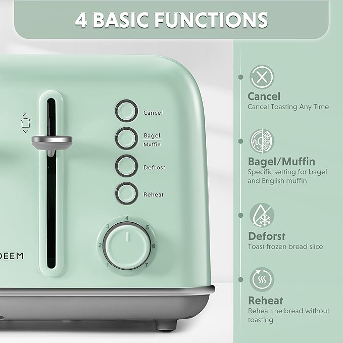 BUYDEEM DT640 Retro 4 Slice Toaster, 7 Shade Settings, Extra Wide 1.5'' Slots, Stainless Steel Toaster with Bagel Muffin Defrost Reheat Function, Green