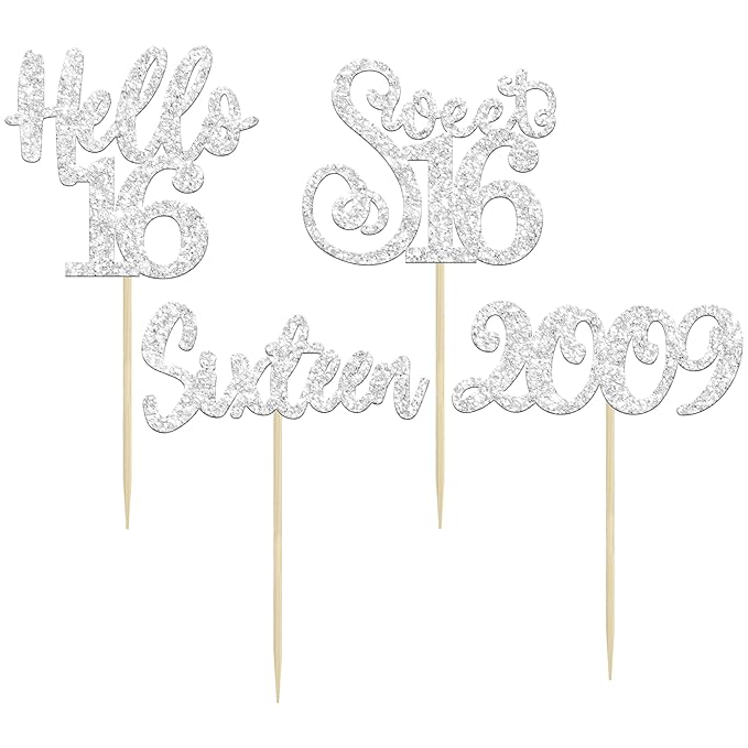 Gyufise 24Pcs 16th Birthday Cupcake Toppers Silver Glitter Hello 16 Sweet 16 Cupcake Picks 2009 16th Birthday Cake Decorations for Celebrating 16th Birthday Anniversary Party Supplies