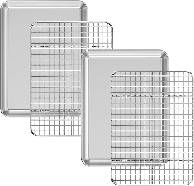 Baking Sheet with Cooling Rack Set [2 Sheets + 2 Racks], Deedro Stainless Steel Cookie Half Sheets Baking Pan Oven Tray with Rack, 12 x 10 x 1 Inch, Heavy Duty, Non-toxic, Dishwasher Safe