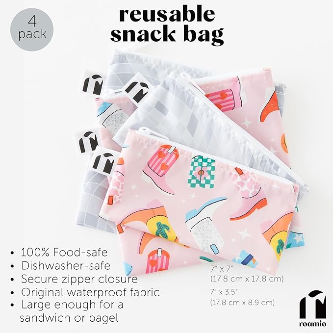 Roamio Reusable Sandwich and Snack Bags, for Kids School Lunch and for Adults Portion, Washable Fabric, Waterproof Cloth Zip Bag, Travel Pouch, Food-Safe Storage, 4-pack Set Cowgirl Boots and Disco