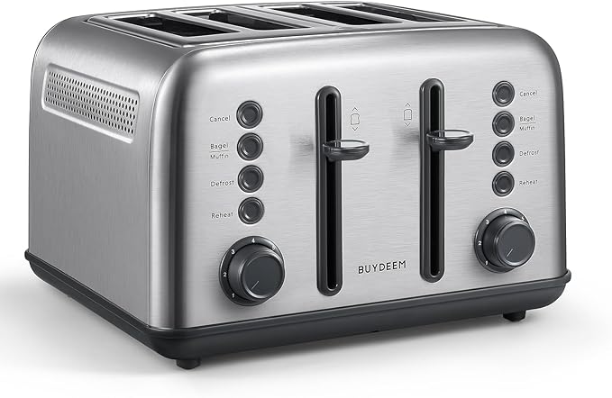 BUYDEEM DT640 Retro 4 Slice Toaster, 7 Shade Settings, Extra Wide 1.5'' Slots, Stainless Steel Toaster with Bagel Muffin Defrost Reheat Function, Retro Silver
