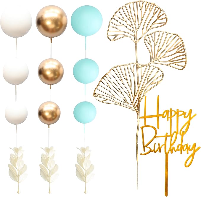 Gyufise 57Pcs Balls Cake Topper Boho Grass Cake topper Pearl Balls Acrylic Happy Birthday Cake Decorations for Wedding Baby Shower Birthday Boho Themed Party Supplies Light Blue