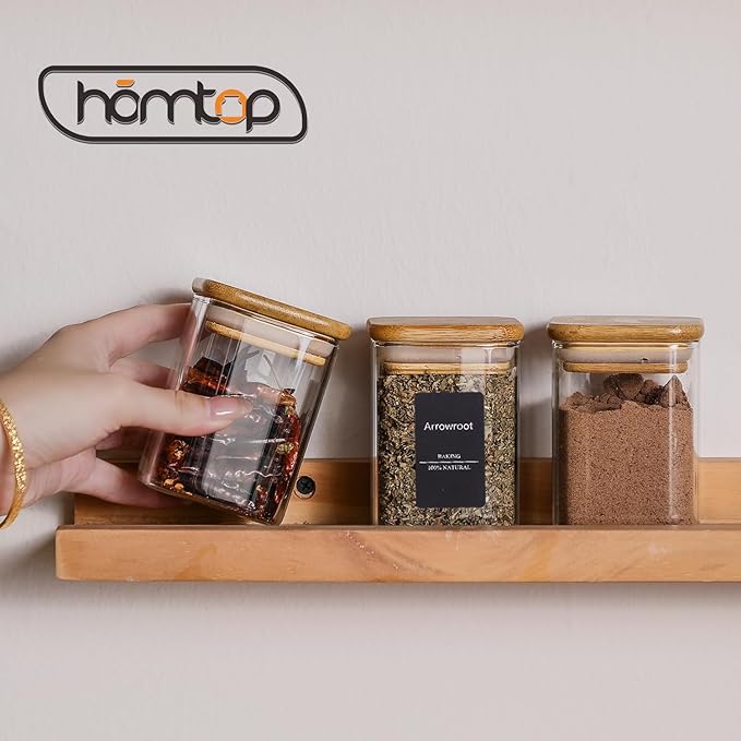 16Pcs 7oz Spice Jars Glass Container with 275 Labels, Airtight Seasoning Empty Organizer with Bamboo Lid Set for Pepper, Salt, Sugar