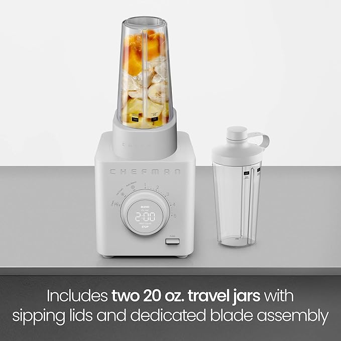 Chefman Obliterator 48 oz Countertop Blender for Smoothies, 1380W Motor to Crush Ice, Nuts, and Frozen Fruit with Stainless Steel Blade, Blender Pack Includes Two 20 oz. Travel Jars - Concrete