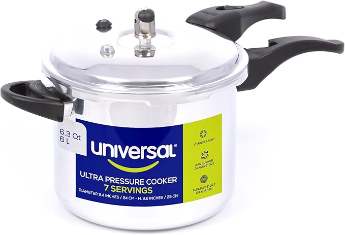 Universal (6.3 Quart / 6 Liter) Anti-Rust Ultra Pressure Cooker, Aluminum Pressure Cooker for 7 Servings, Even Heat Distribution, Diameter 9.4 inches, Height 9.6 inches