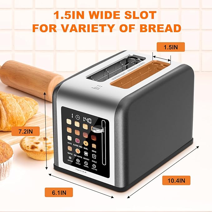 2 Slice Toaster Touch Screen, Stainless Steel Toasters Digital Timer 2 Slot Toasters, 8 Shade Settings 6 Bread Types for Bagel, Cancel, Defrost (Grey）