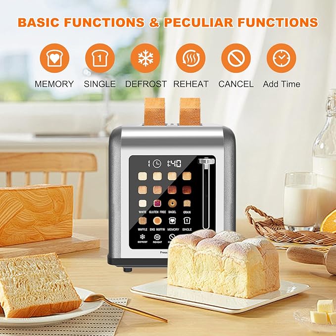 2 Slice Toaster Touch Screen, Stainless Steel Toasters Digital Timer 2 Slot Toasters, 8 Shade Settings 6 Bread Types for Bagel, Cancel, Defrost (Grey）