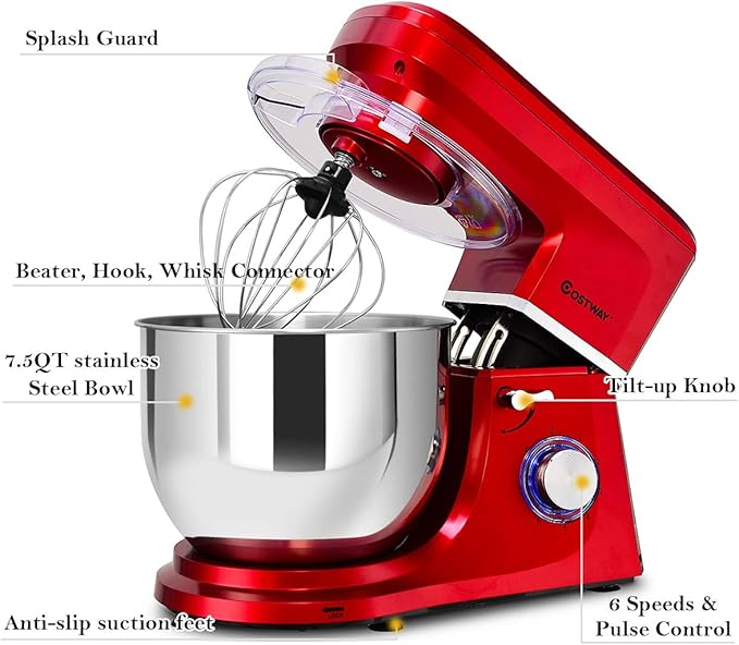 COSTWAY Stand Mixer, 7.5-Quart 660W 6-Speed Electric Mixer with Stainless Steel Bowl, Tilt-head Food Mixer with Dough Hook, Beater, Whisk (Red)