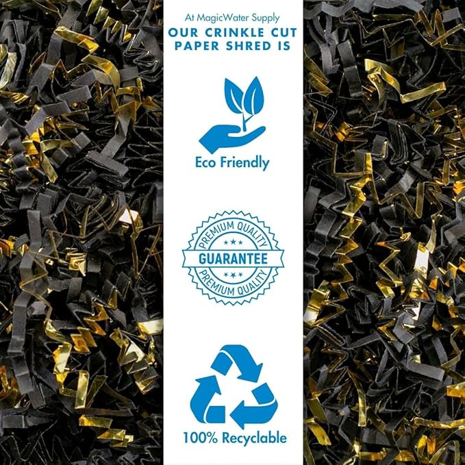 MagicWater Crinkle Cut Paper for Gift Baskets - 2LB - Black & Gold - Perfect for Shredded Paper Filler, Basket Filler, Gift Boxes, Bridesmaid Gifts, Halloween Stuffers & More – Ideal for All Occasions