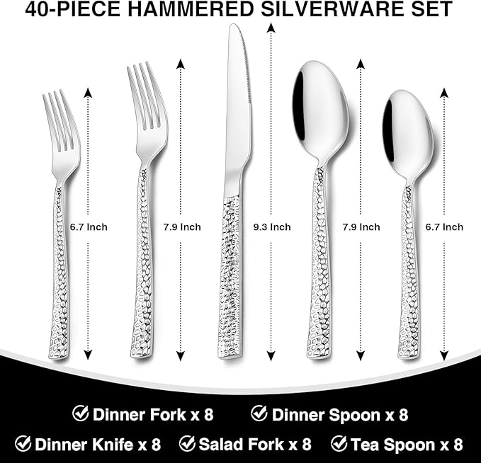 Hammered Silverware Set, 40-Piece Stainless Steel Square Flatware Set for 8, Food-Grade Tableware Cutlery Set, Utensil Sets for Home Restaurant, Mirror Finish, Dishwasher Safe