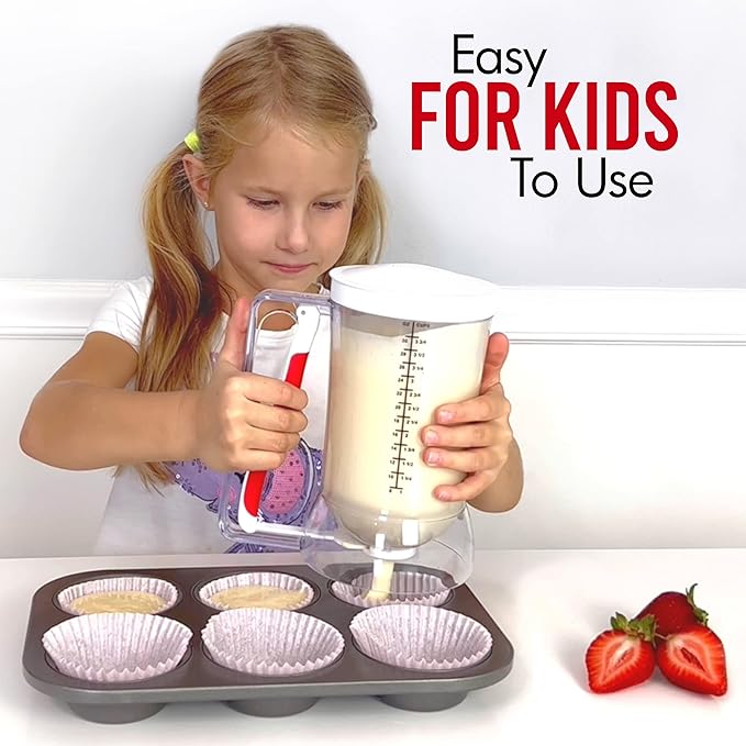 Kid Friendly Mess Free Pancake Cupcake Batter Dispenser Squeeze Handle for Precise Portion Control, Great for Waffles, Crepes | 4 Cup Capacity (White)