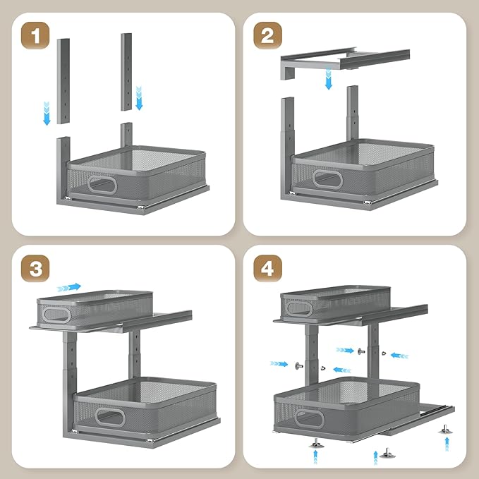 1 Pack 15.5IN-Depth Under Sink Organizer With Next-Gen Ball-Bearing Slides,2-Tier Precision Mesh Pull Out Cabinet Storage for Bathroom&Kitchen,Height Adjustable Drawers Shelf,Anti-rust-Grey