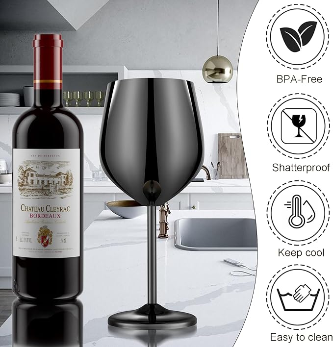 Stainless Steel Wine Glasses Set of 4 Unbreakable Wine Glass 18 oz Unique Metal Wine Goblets for Outdoor, Travel, Camping, Pool, Ideal Gift for Wine Lovers (Mirror-Black)