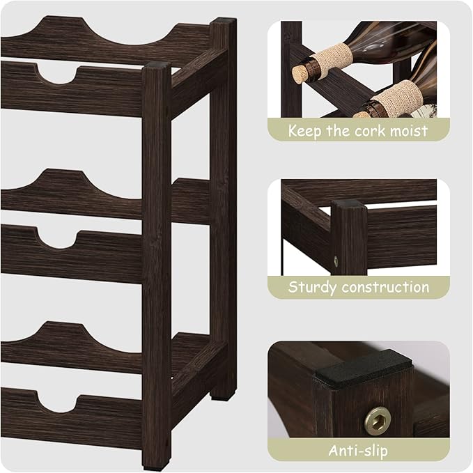 BAMEOS Bamboo Wine Rack Storage, 3 Tier Wine Racks Countertop, Wine Rack Freestanding Floor Wine Holder Cabinet for Kitchen, Bar, Pantry, Wine Cellar, Basement,Study (16.85 L x 9.25W x 12H)