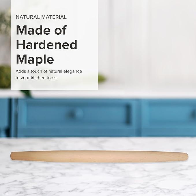 Frieling Crafted in the USA Maple Rolling Pin - Classic French Rolling Pin - Tapered 1.5 x 20 Inch Wooden Roller for Baking - Dough Roller