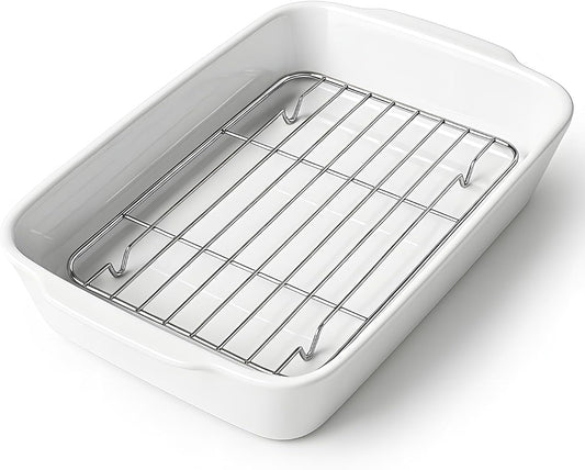 4.2 QT White Casserole Dishes for Oven, Baking dishes with Roasting Racks, Rectangular Lasagna Pan with Handles for Baking, Ceramic Baking Pan, Microwave Oven Safe