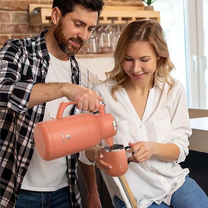 IDEUS Thermal Coffee Carafe 68oz (2,000ml), Stainless Steel Double Wall Insulated Vacuum Flask, Water Jug Coffee Server and Beverage Dispenser, Heat and Cold Retention (Coral, 68oz (2,000ml))