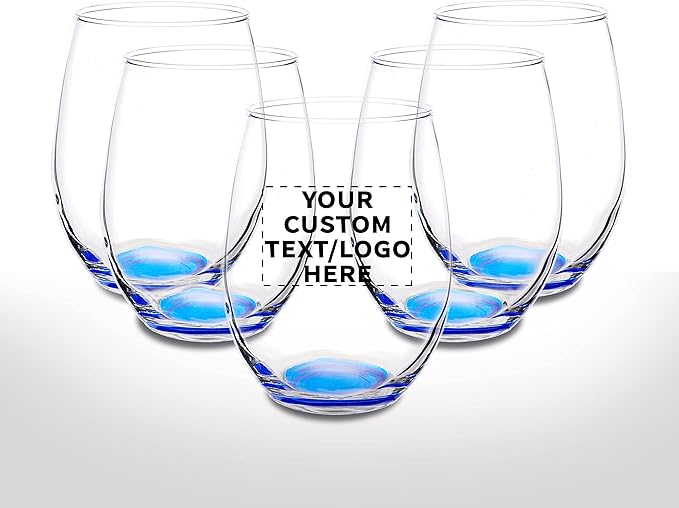 DISCOUNT PROMOS Stemless Wine Glasses in Bulk by ARC Perfection, 15 oz -10 pack, Red or White Wine Glass Drinking Set, Blue