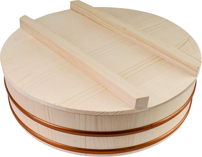Kichgather Wooden Sushi Rice Bowl with Lid Hangiri Sushi Oke Sushi Rice Mixing Tub (13 “ with lid)