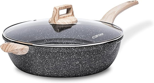 CAROTE 12.5 Inch Nonstick Deep Frying Pan with Lid, 6.5 Qt Jumbo Cooker Saute Pan with Pour Spout, Skillet Induction Cookware, Non Stick Cooking Pan PFOA Free, Classic Granite