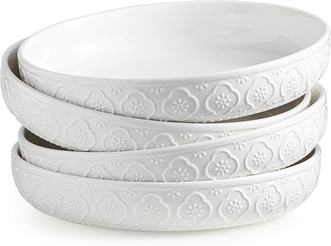 YHOSSEUN 9.75" Pasta Bowls Set of 4, 50 OZ Large Salad Serving Bowls, Ceramic Pasta Plate Bowls, White Soup Bowl, Microwavable Dinner Bowls for Kitchen, Embossed Sunflower