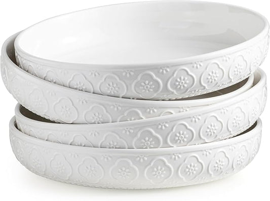 YHOSSEUN 9.75" Pasta Bowls Set of 4, 50 OZ Large Salad Serving Bowls, Ceramic Pasta Plate Bowls, White Soup Bowl, Microwavable Dinner Bowls for Kitchen, Embossed Sunflower