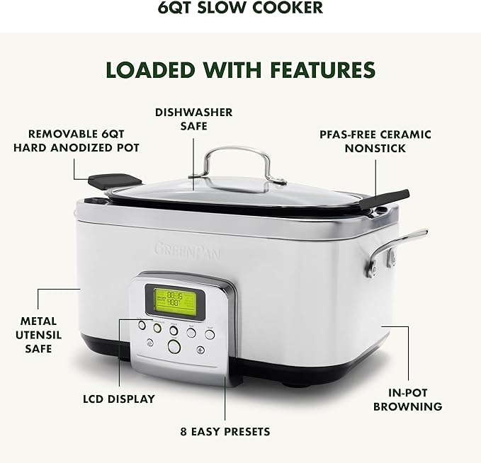 GreenPan Elite 8-in-1 Programmable 6QT Electric Slow Cooker, Dishwasher Safe Lid & Removable Crock, PFAS-Free Healthy Ceramic Nonstick Multi-Cooker, Sear, Sauté, Brown, Steam Basket, Roast, White