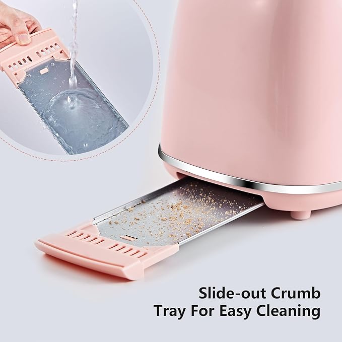 2 Slice Toaster Retro Stainless Steel with Bagel, Cancel, and Defrost Functions, 6 Bread Shade Settings, Extra Wide Slots and Removable Crumb Tray, Pink