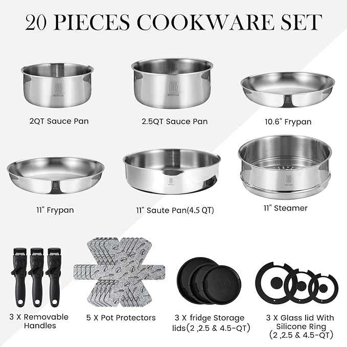ROYDX 3-Ply Pots and Pans Set, 18/10 Stainless Steel Kitchen Removable Handle Cookware Set,PFOA Free, for All Stoves, Suitable for Home, RV, Boat, Camping, Space Saving Induction Oven Safe