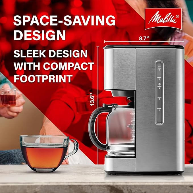 Melitta Aroma Series Programmable Drip Coffee Makers Parent (Aroma Tocco Plus Black and Stainless Steel 12 Cups) with 5-Pack Coffee Filters