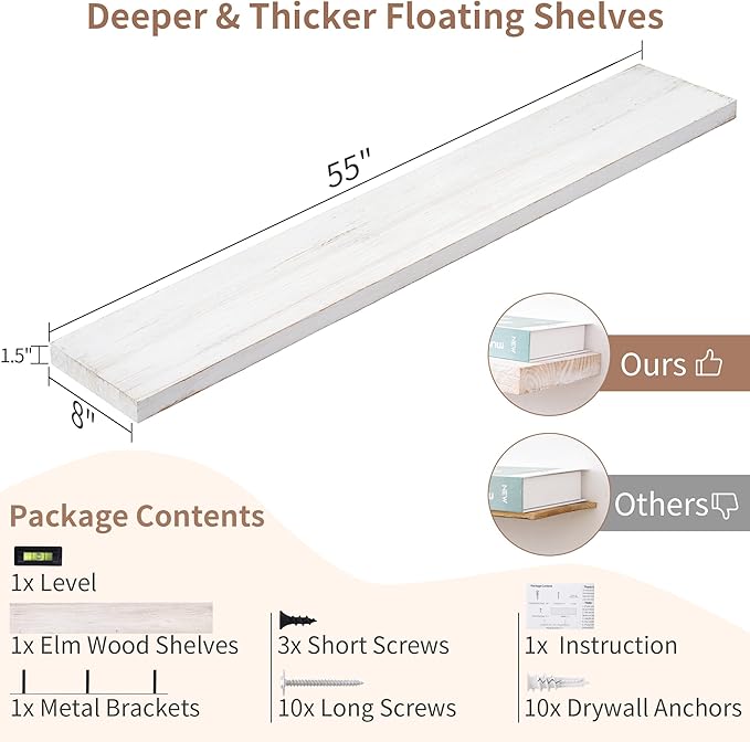 Floating Shelves for Wall, Rustic Elm Wood 56'' W x 8" D Wall Shelf with Invisible Bracket, Large Long Wall Mounted Storage Shelves for Living Room, Bedroom, Kitchen, Bathroom Decor, White Wash