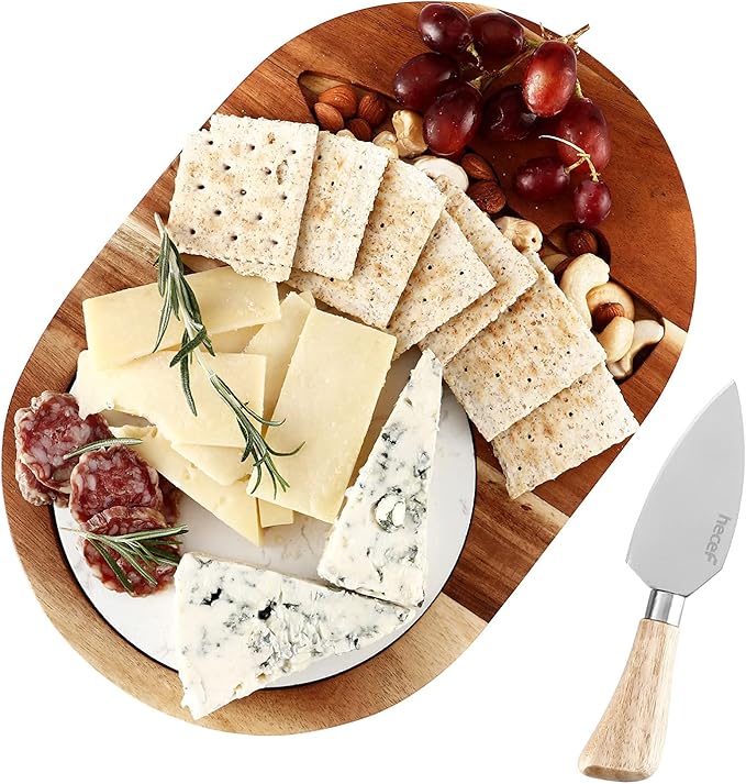 hecef Oval Wooden Cheese Board Set, Acacia Wood Cheese Serving Board with White Marble & Cheese Knife, Cheese Serving Tray for Cheese, Cake, Appetizers