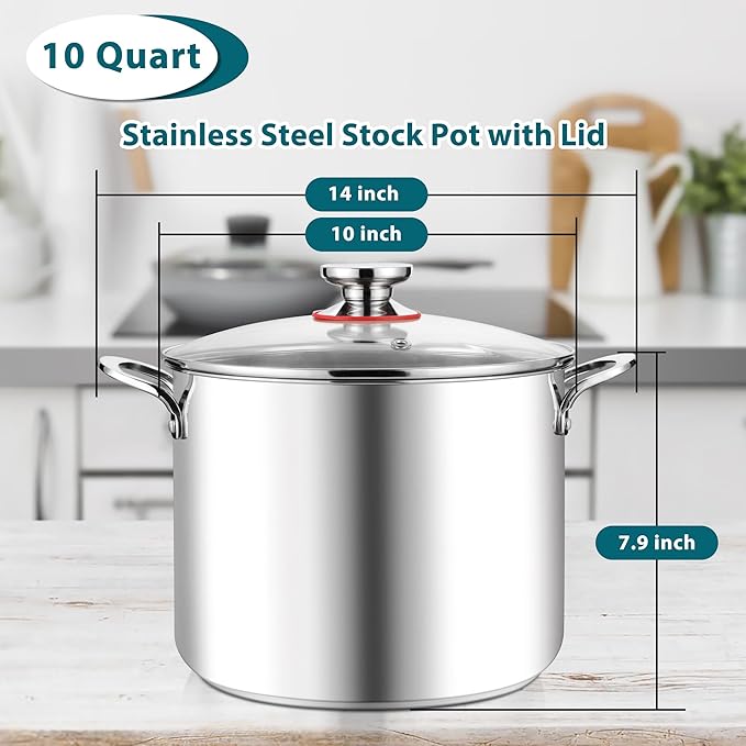 E-far 10 Quart Stock Pot, Large Tri-Ply Stainless Steel Soup Pot with Glass Lid and Riveted Handles, Tall Induction Cooking Pot for Canning/Simmering/Stewing, Heavy Duty & Dishwasher Safe