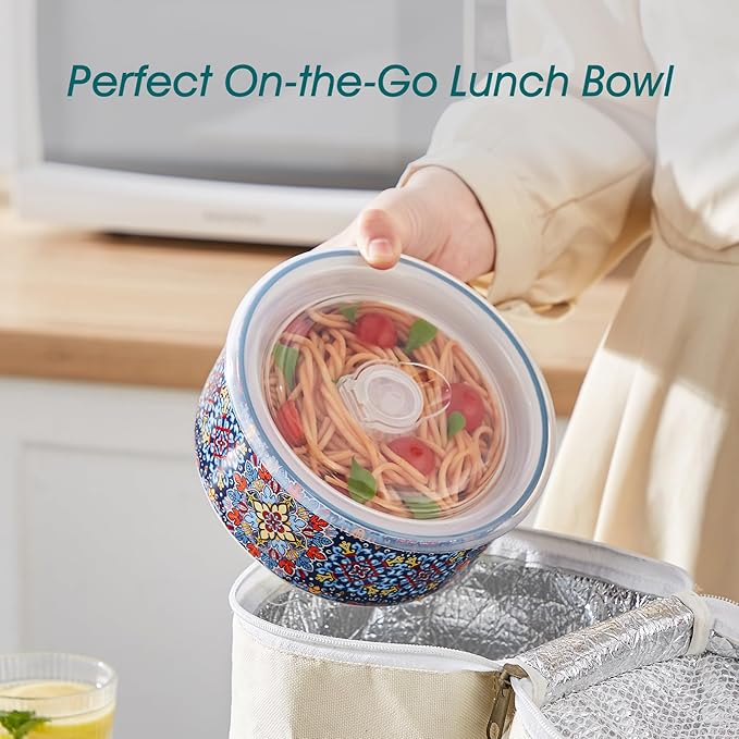 vancasso 36 oz Ceramic Bowls with Lids Set of 4, 6 Inch Food Storage Containers & Prep Bowls for Leftovers, Soup, Cereal, Meal Prep, Office Lunch, Microwave & Dishwasher Safe, Series SIMI