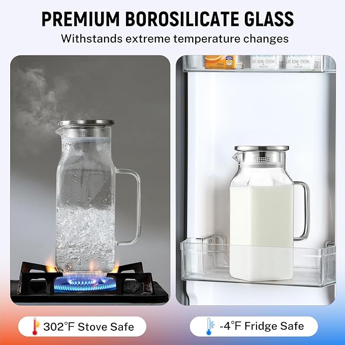 40 oz,1.2Liter Square Glass Pitcher with Lid and Spout, Breast Milk Pitcher with Handle for Fridge, Borosilicate Glass Carafe for Hot/Cold Drink, Small Jug for Iced Tea, Coffee,Water Storage Container